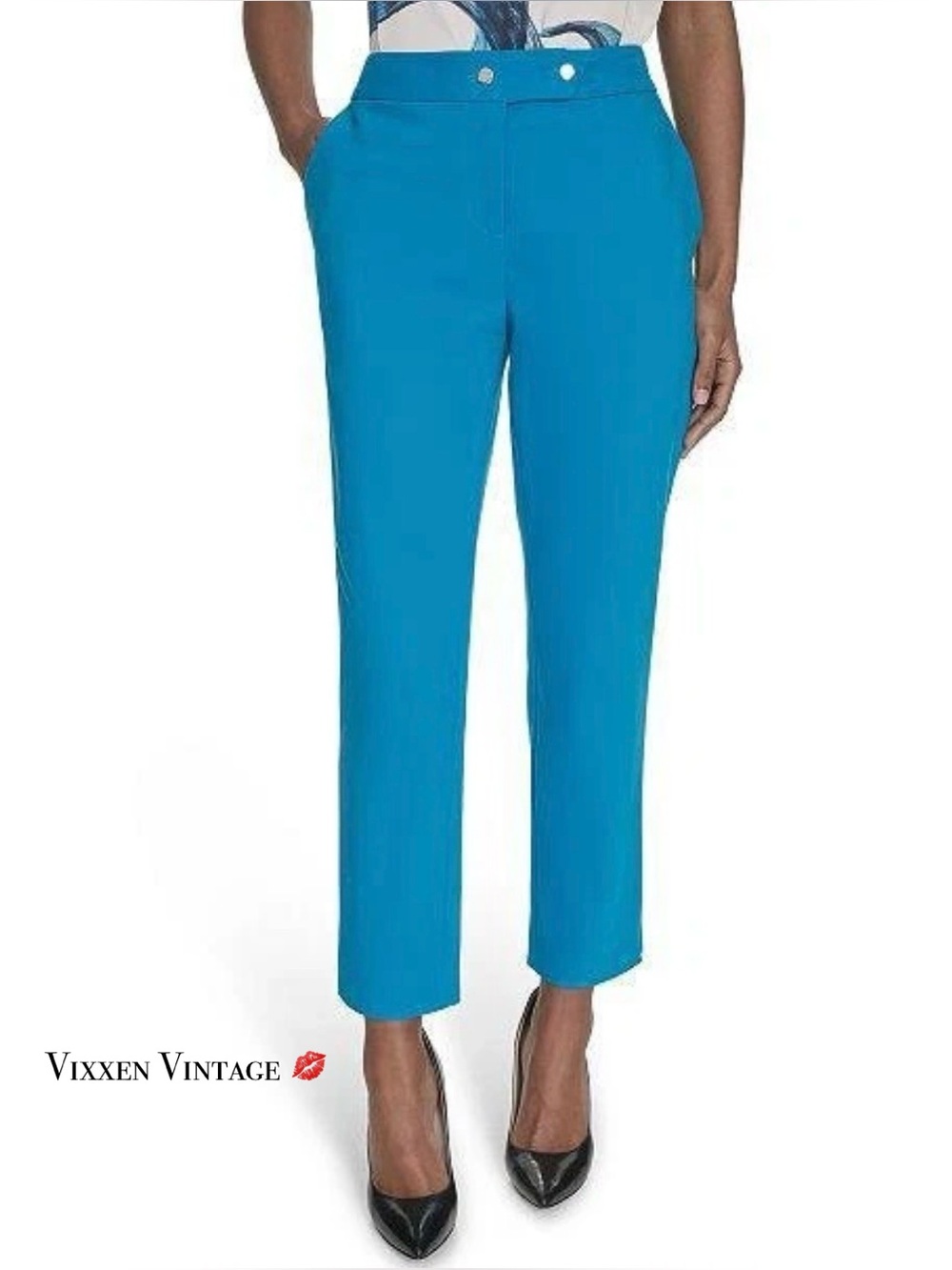 CALVIN KLEIN MID-RISE ‘COTTON-BLEND STRAIGHT FIT PANTS’ IN TURQUOISE